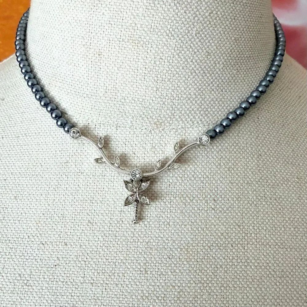 Silver Tone Rhinestone Floral Vine Necklace with Gray Simulated Pearls